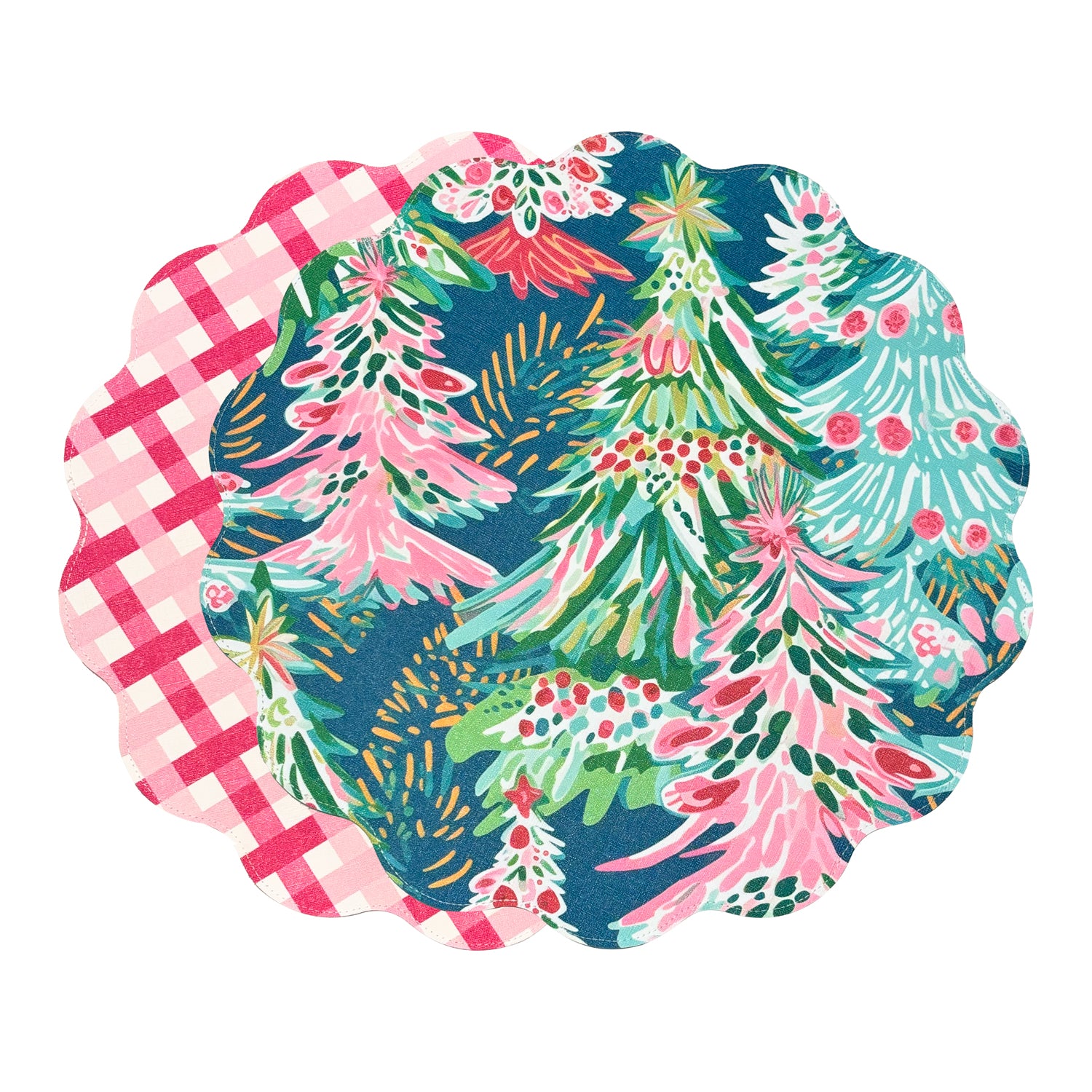 VIDA Holiday Trees and Preppy Plaid Reversible  Round Placemats Set of 4 Pink &amp; Green