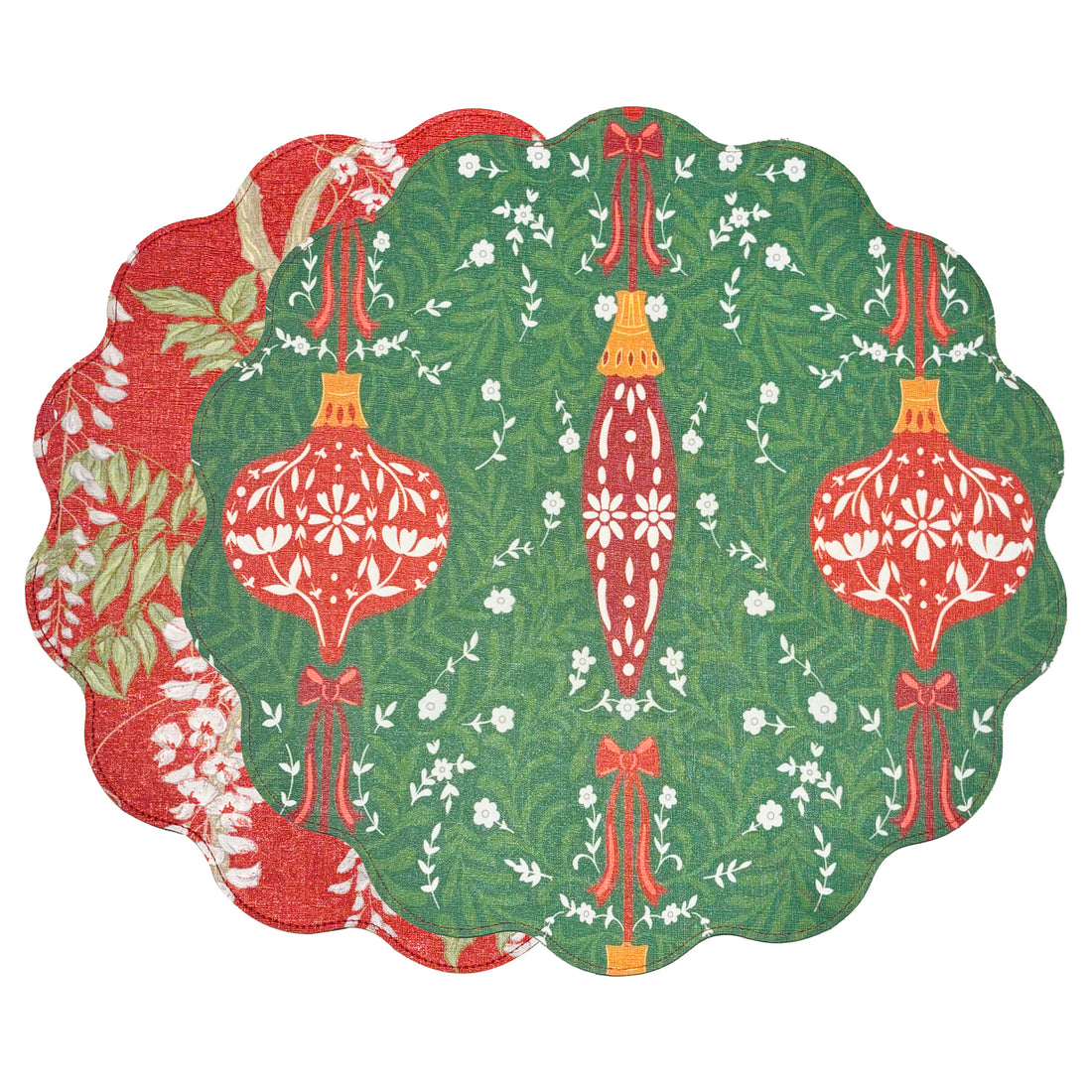 VIDA Holiday Wisteria and Ornaments Reversible Round Placemats Set of 4 Red &amp; Green