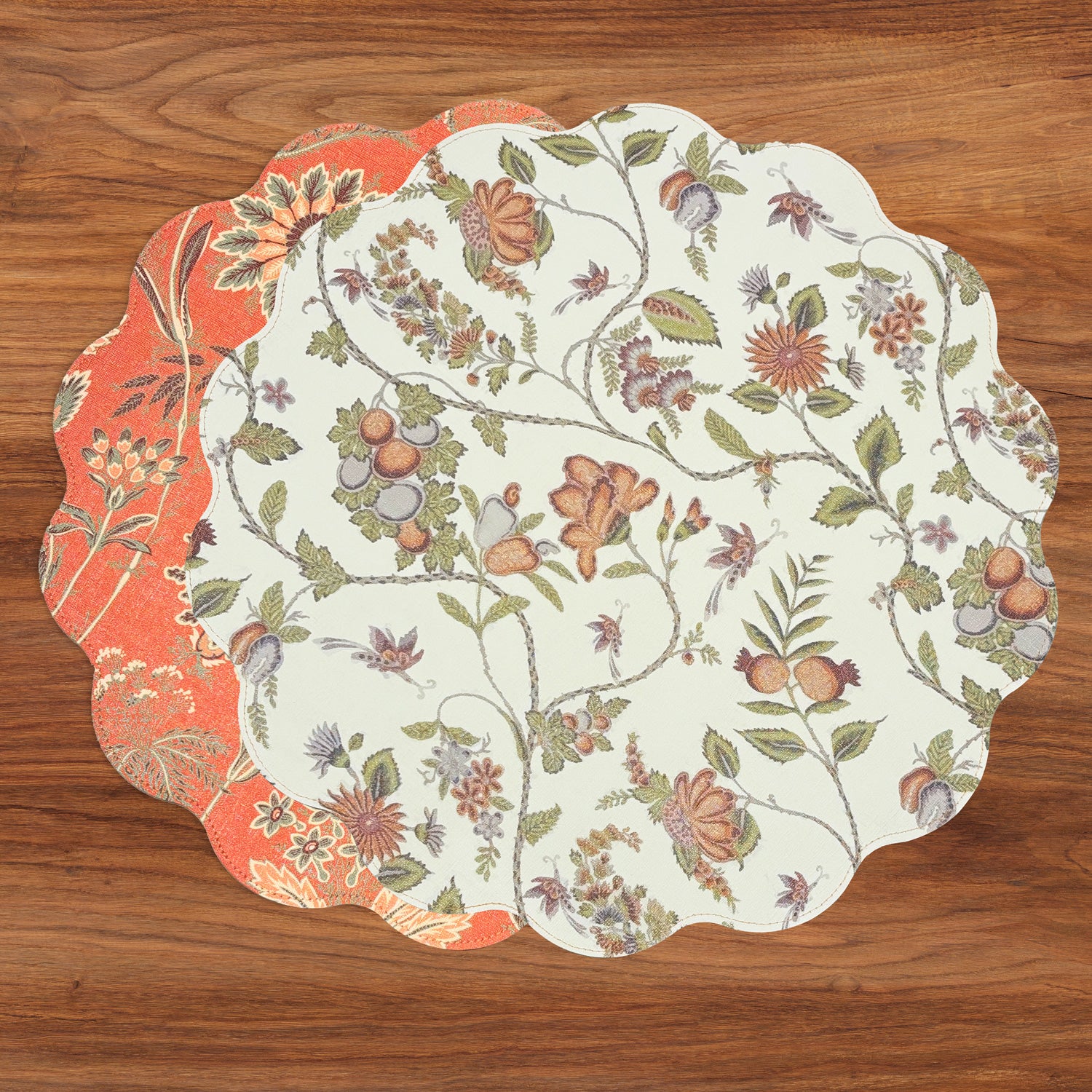 VIDA Autumn and Branches Reversible Round Placemats Set of 4 Persimmon &amp; Green