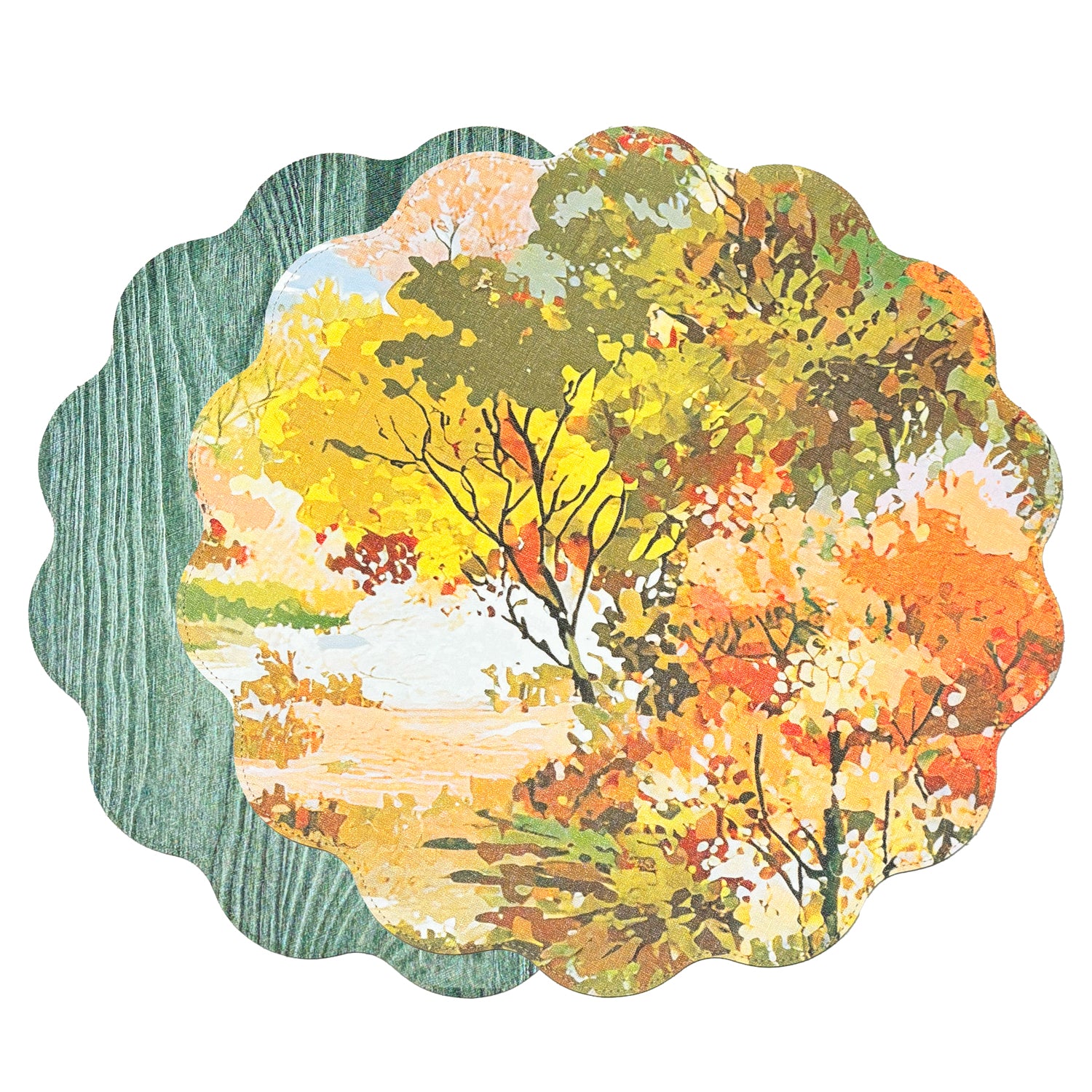 VIDA Fall Trees and Wood Grain Reversible Round Placemats Set of 4 Orange &amp; Green