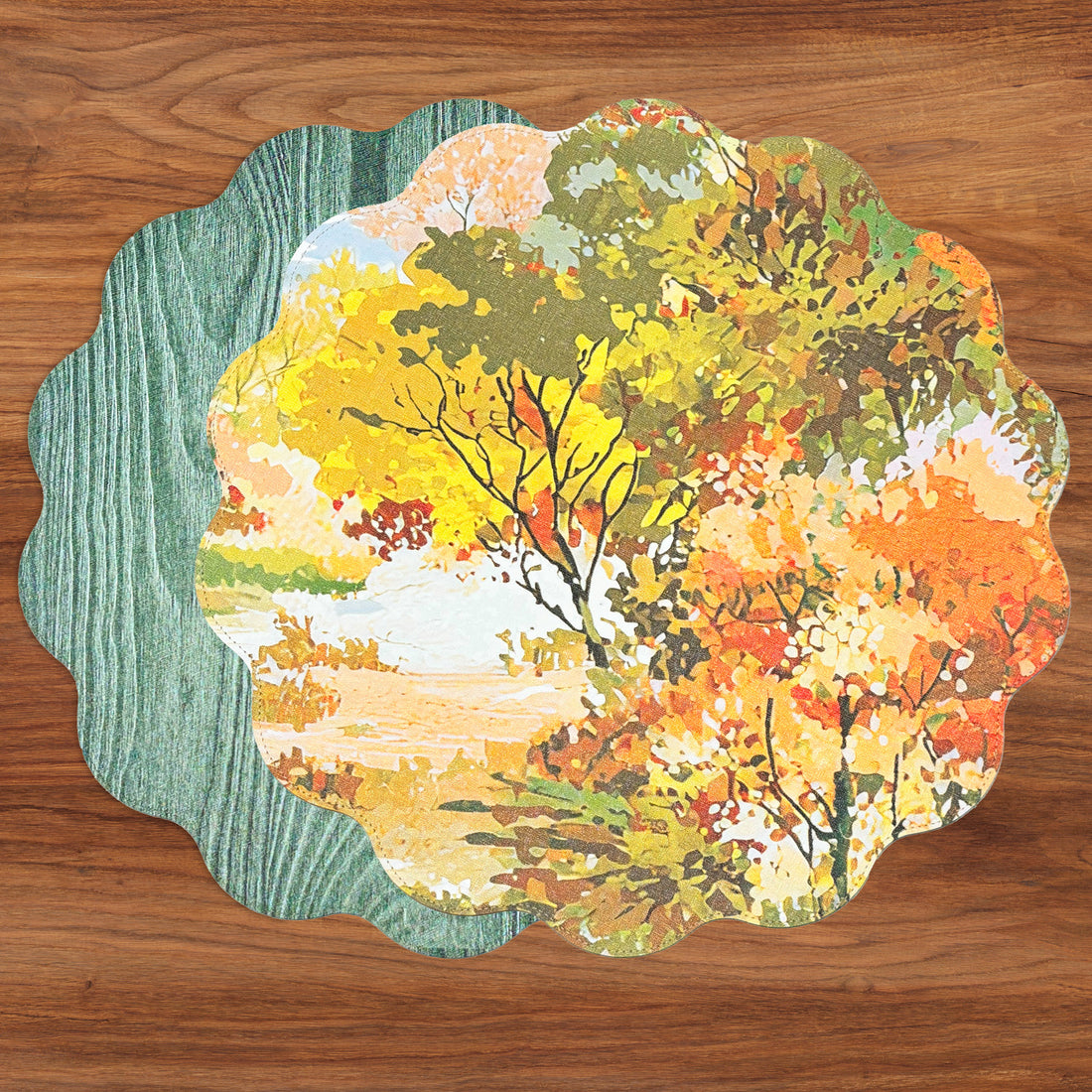 VIDA Fall Trees and Wood Grain Reversible Round Placemats Set of 4 Orange & Green