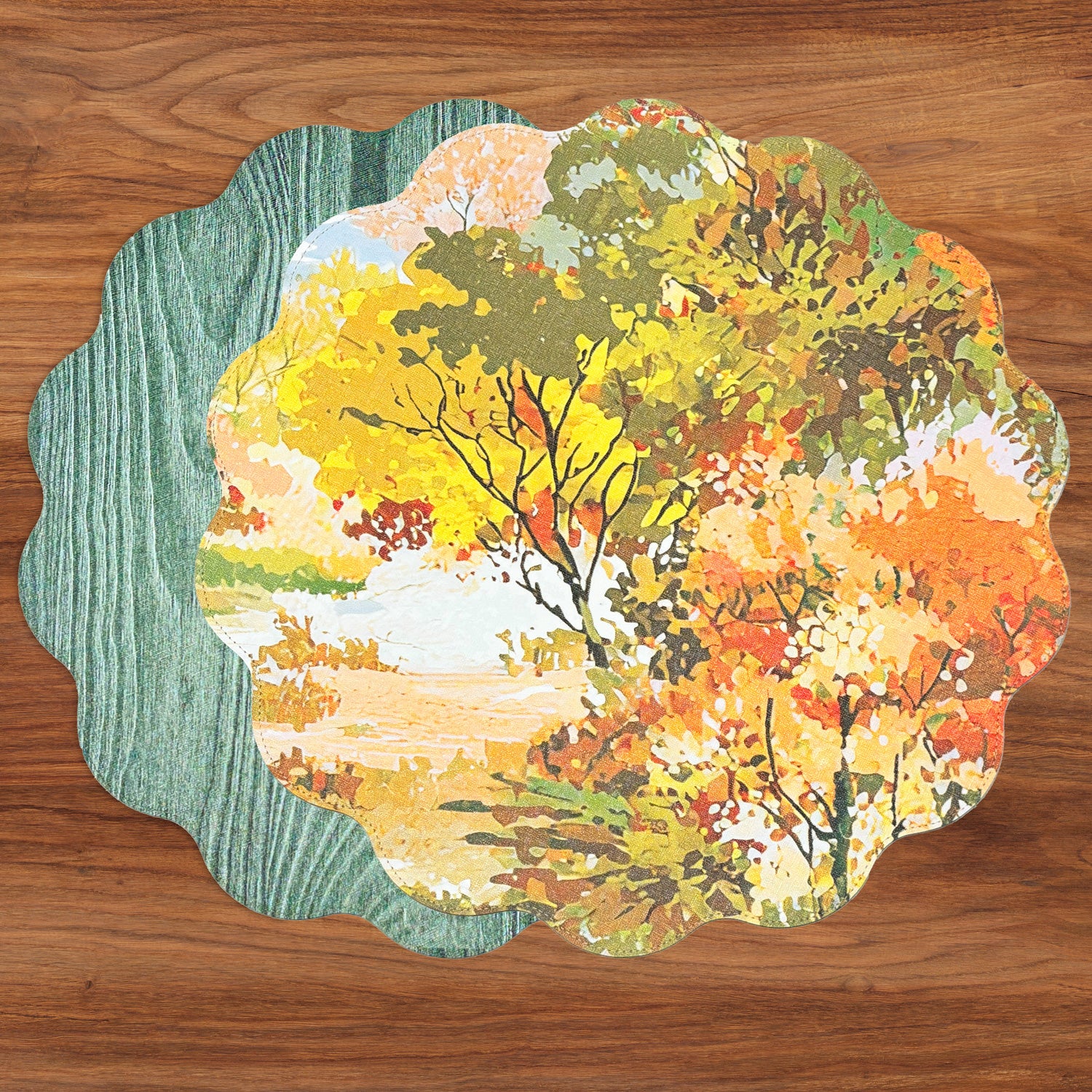 VIDA Fall Trees and Wood Grain Reversible Round Placemats Set of 4 Orange &amp; Green