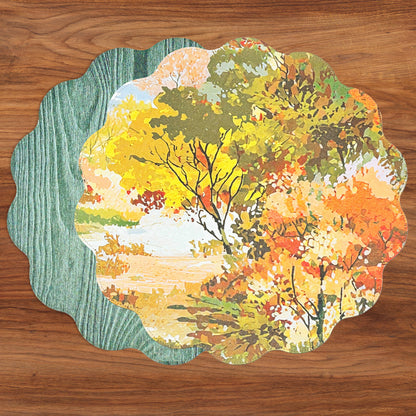 VIDA Fall Trees and Wood Grain Reversible Round Placemats Set of 4 Orange &amp; Green