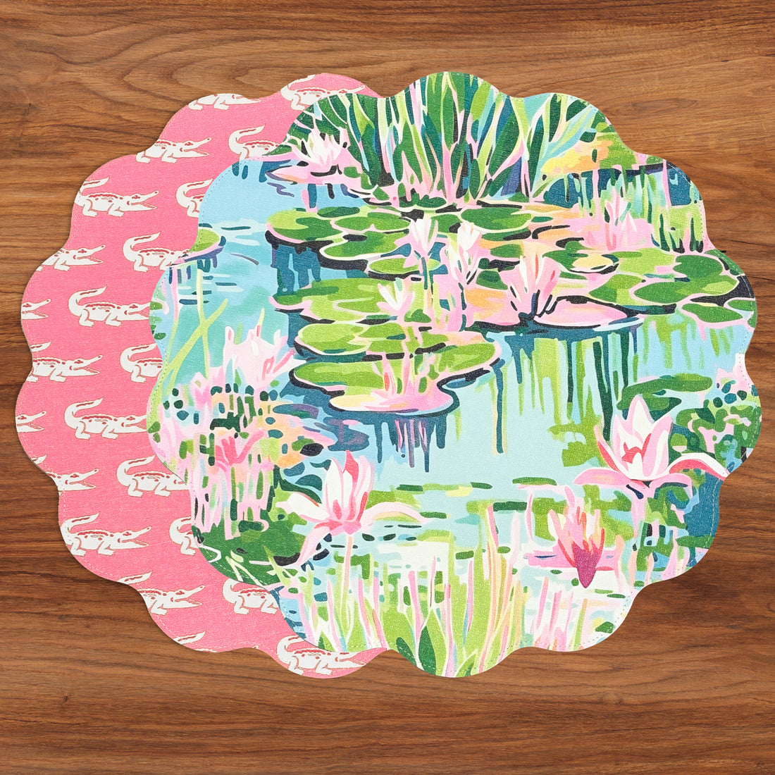 VIDA Everglades and Crocs Reversible Round Placemats Set of 4 Pink &amp; Green