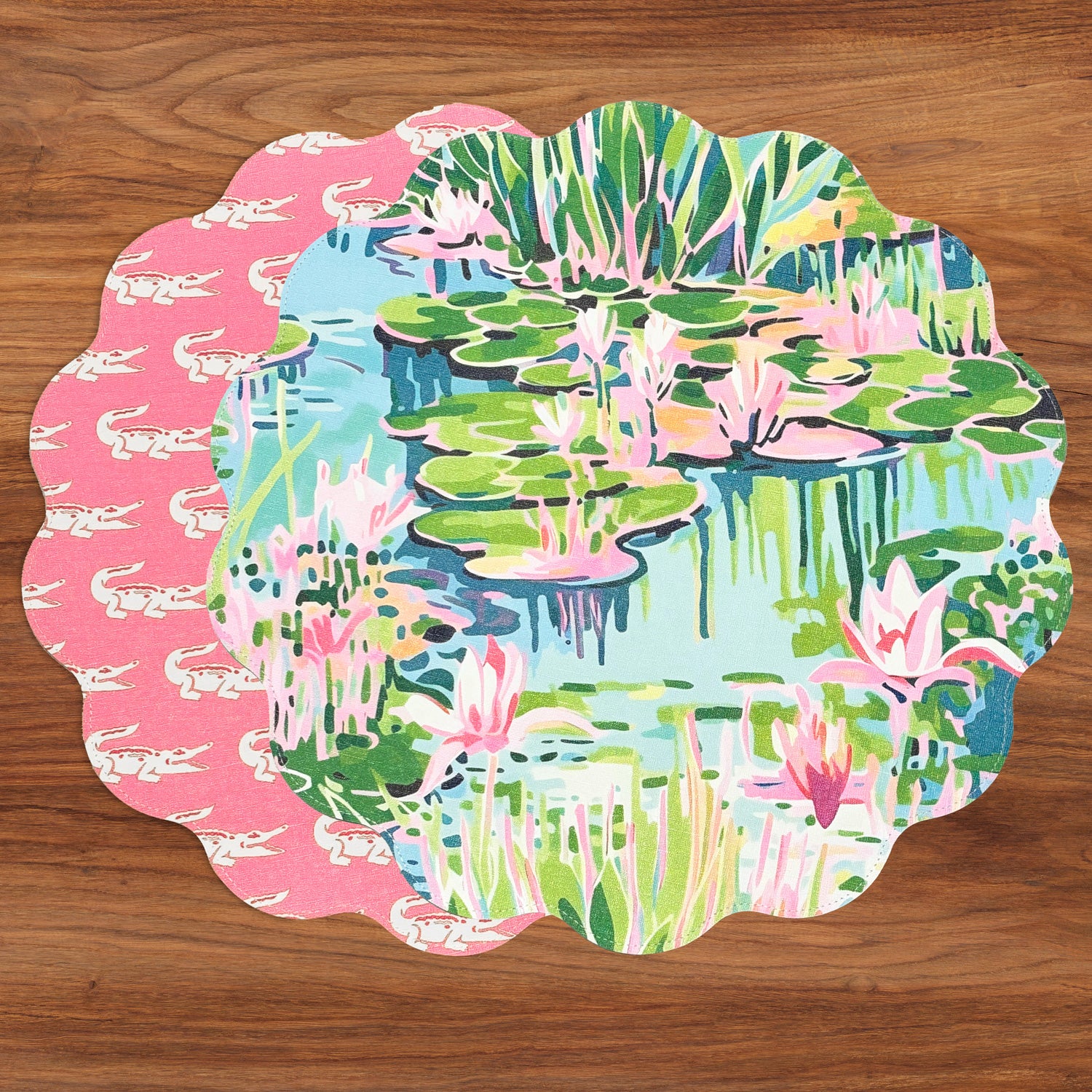 VIDA Everglades and Crocs Reversible Round Placemats Set of 4 Pink &amp; Green