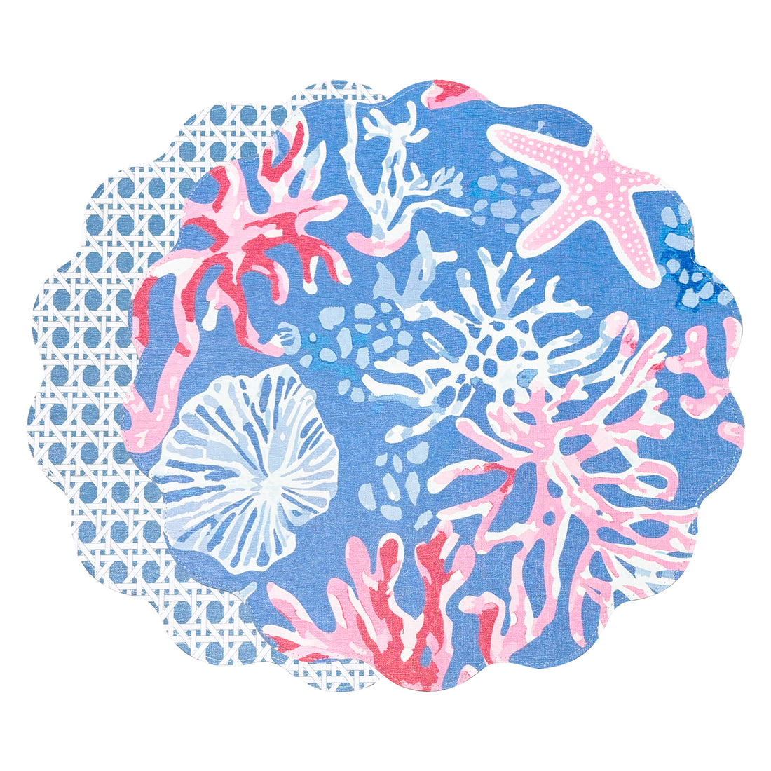 VIDA Sealife and Rattan Reversible Round Placemats Set of 4 Blue &amp; Pink