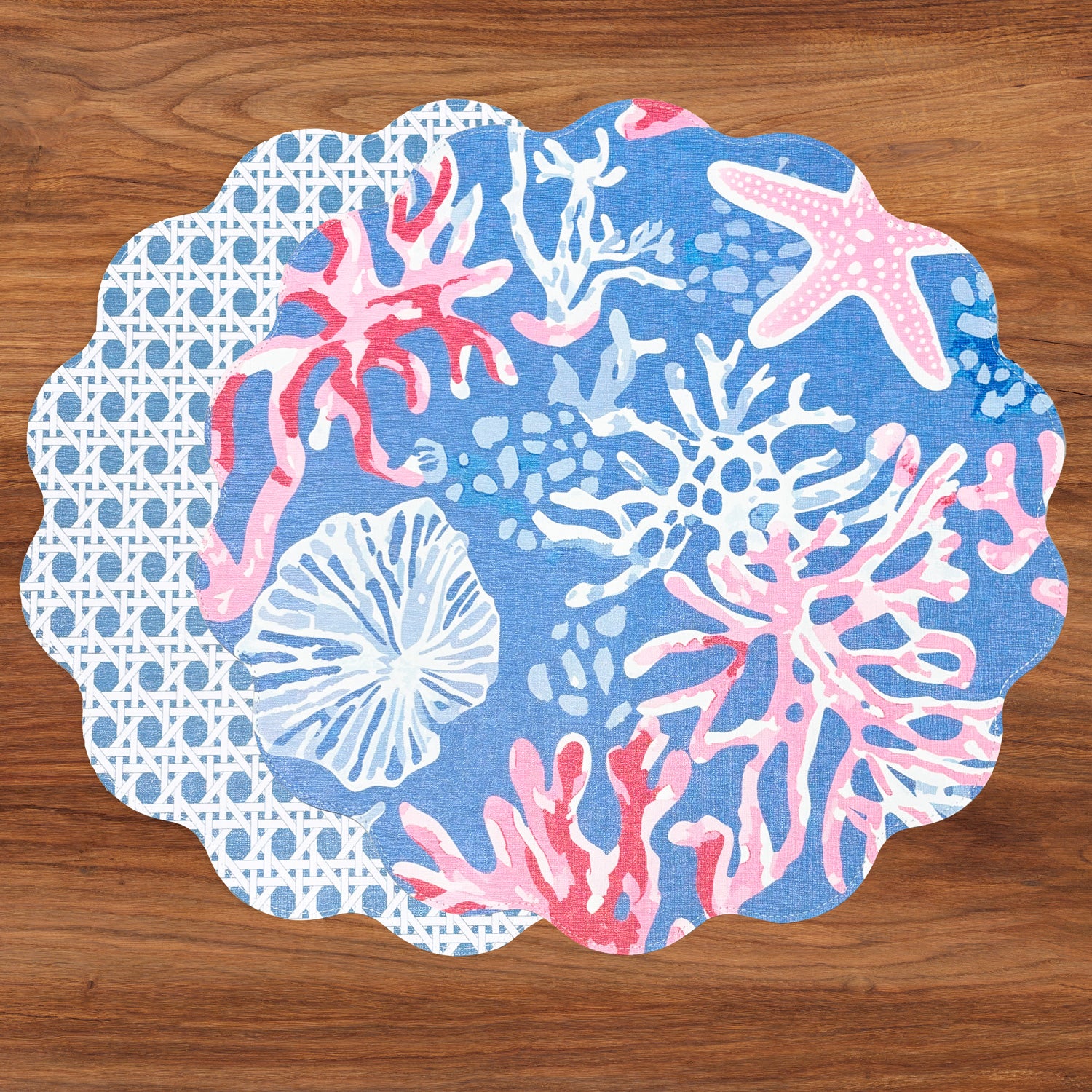 VIDA Sealife and Rattan Reversible Round Placemats Set of 4 Blue &amp; Pink