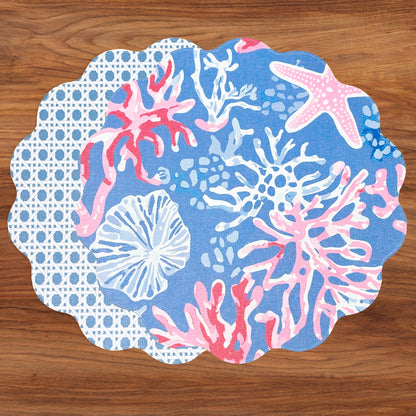 VIDA Sealife and Rattan Reversible Round Placemats Set of 4 Blue &amp; Pink
