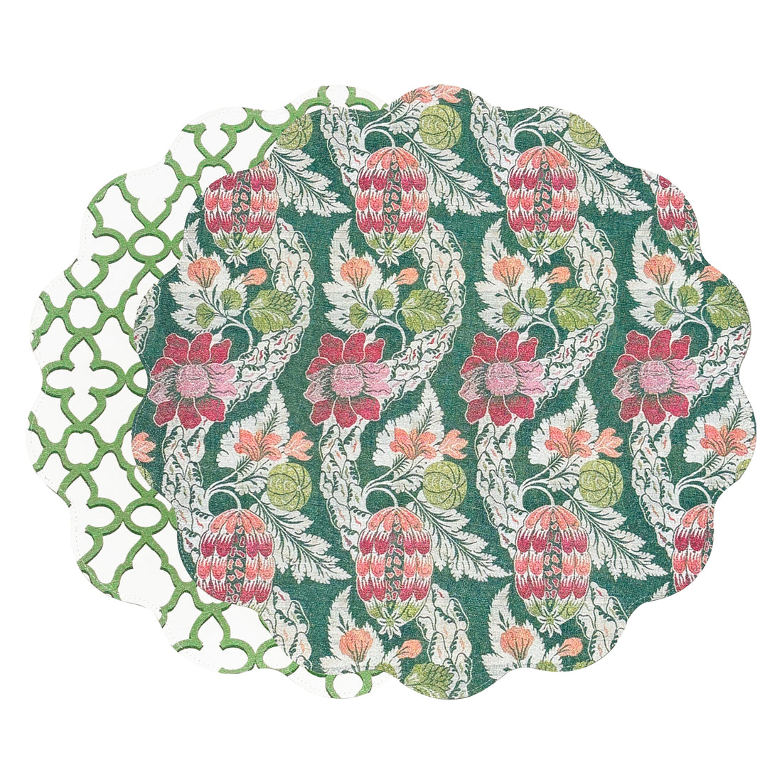 VIDA Laurent and Trellis Reversible Round Placemats Set of 4 Green &amp; White