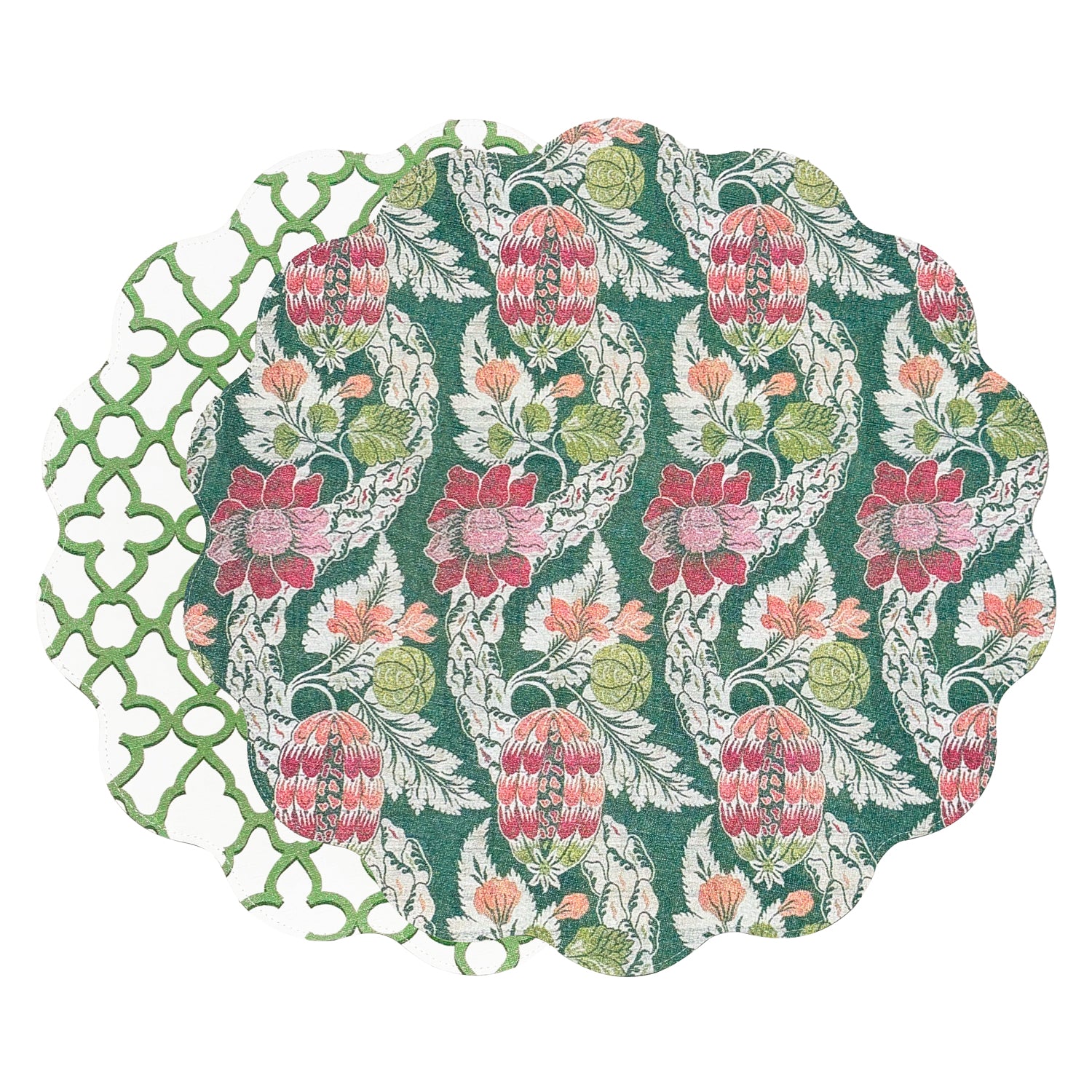 VIDA Laurent and Trellis Reversible Round Placemats Set of 4 Green &amp; White