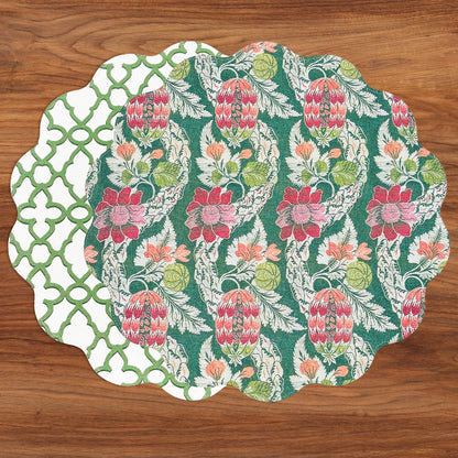 VIDA Laurent and Trellis Reversible Round Placemats Set of 4 Green &amp; White