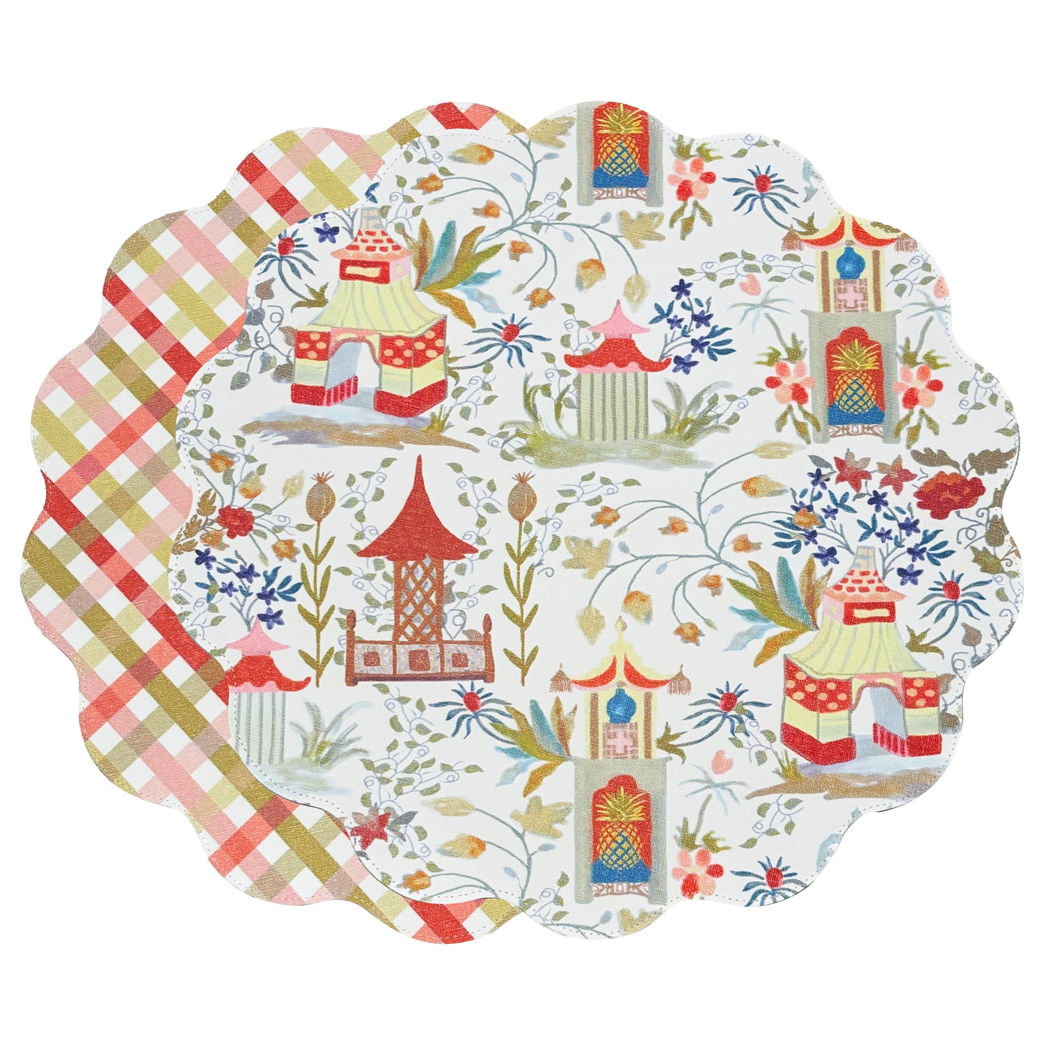VIDA Pagoda and Carlie Plaid Reversible 15.5 Round Placemats Set of 4 Red &amp; Orange