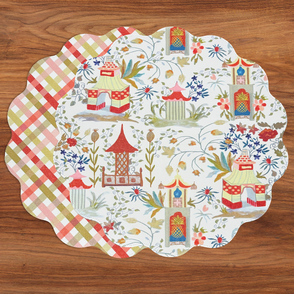 VIDA Pagoda and Carlie Plaid Reversible 15.5 Round Placemats Set of 4 Red & Orange