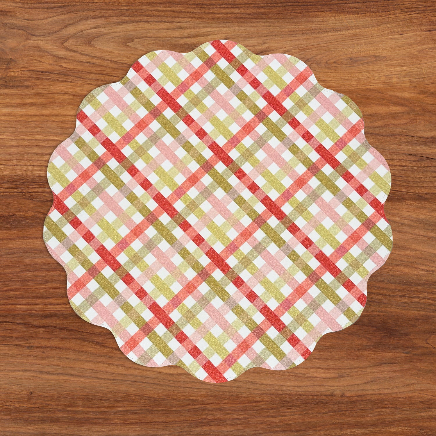VIDA Pagoda and Carlie Plaid Reversible 15.5 Round Placemats Set of 4 Red &amp; Orange