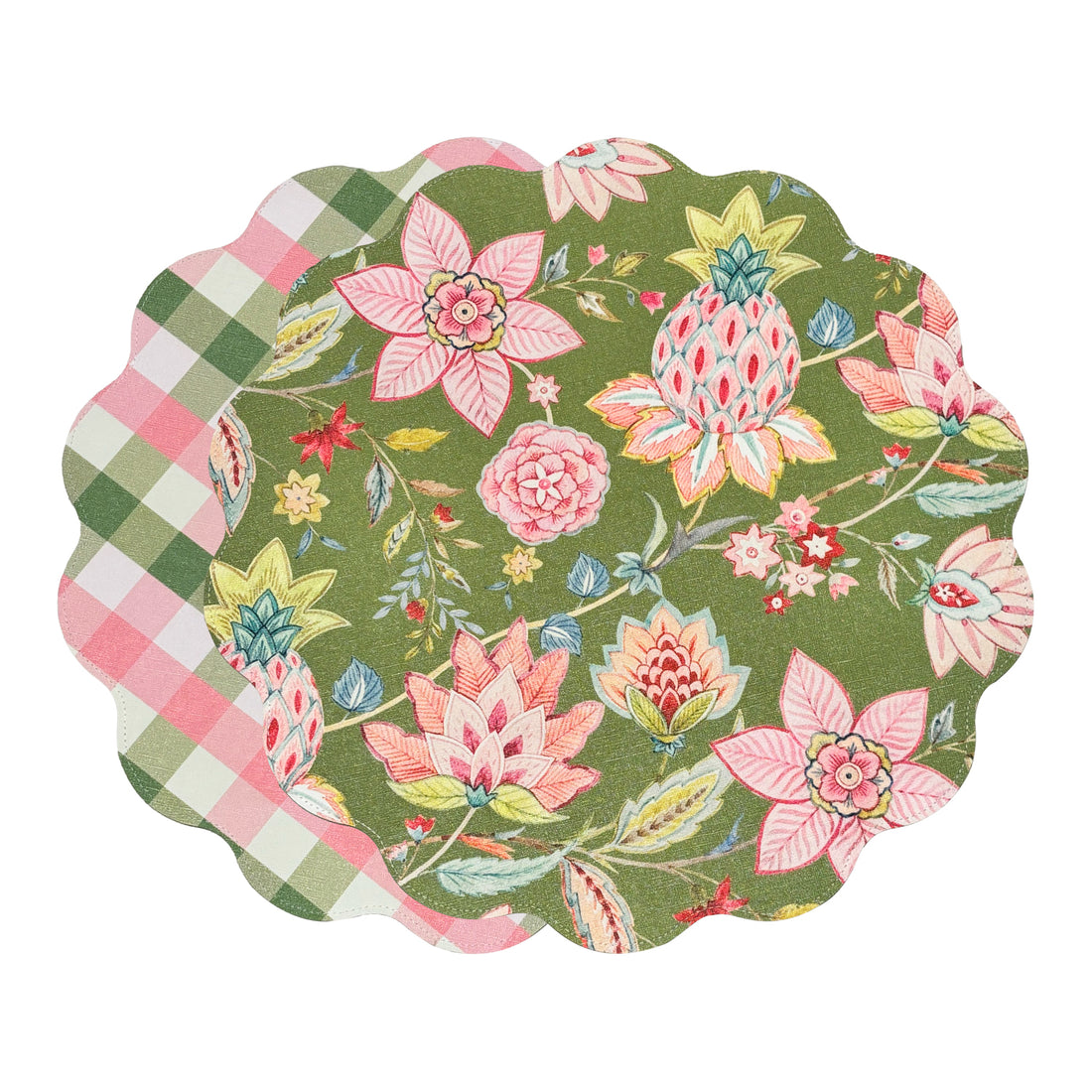 VIDA Tropical Floral and Preppy Plaid Reversible Round Placemats Set of 4 Pink &amp; Green
