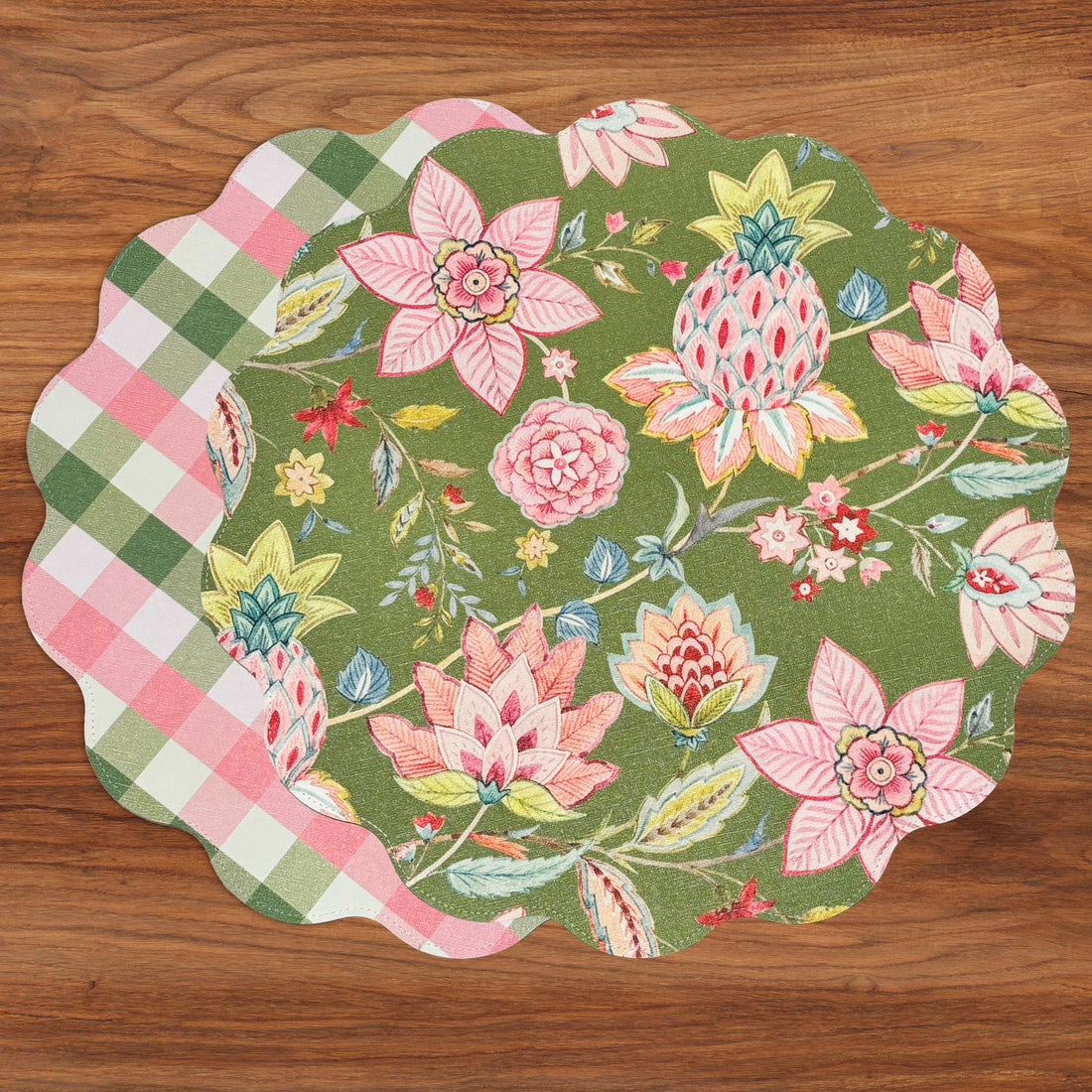 VIDA Tropical Floral and Preppy Plaid Reversible Round Placemats Set of 4 Pink &amp; Green
