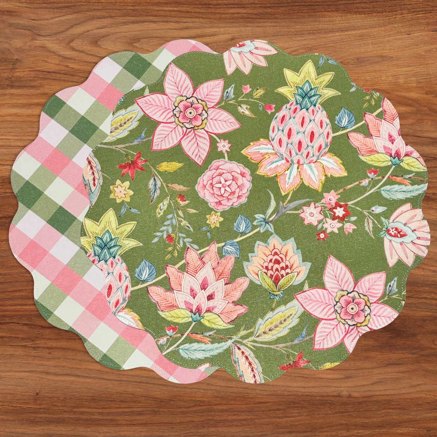 VIDA Tropical Floral and Preppy Plaid Reversible Round Placemats Set of 4 Pink &amp; Green