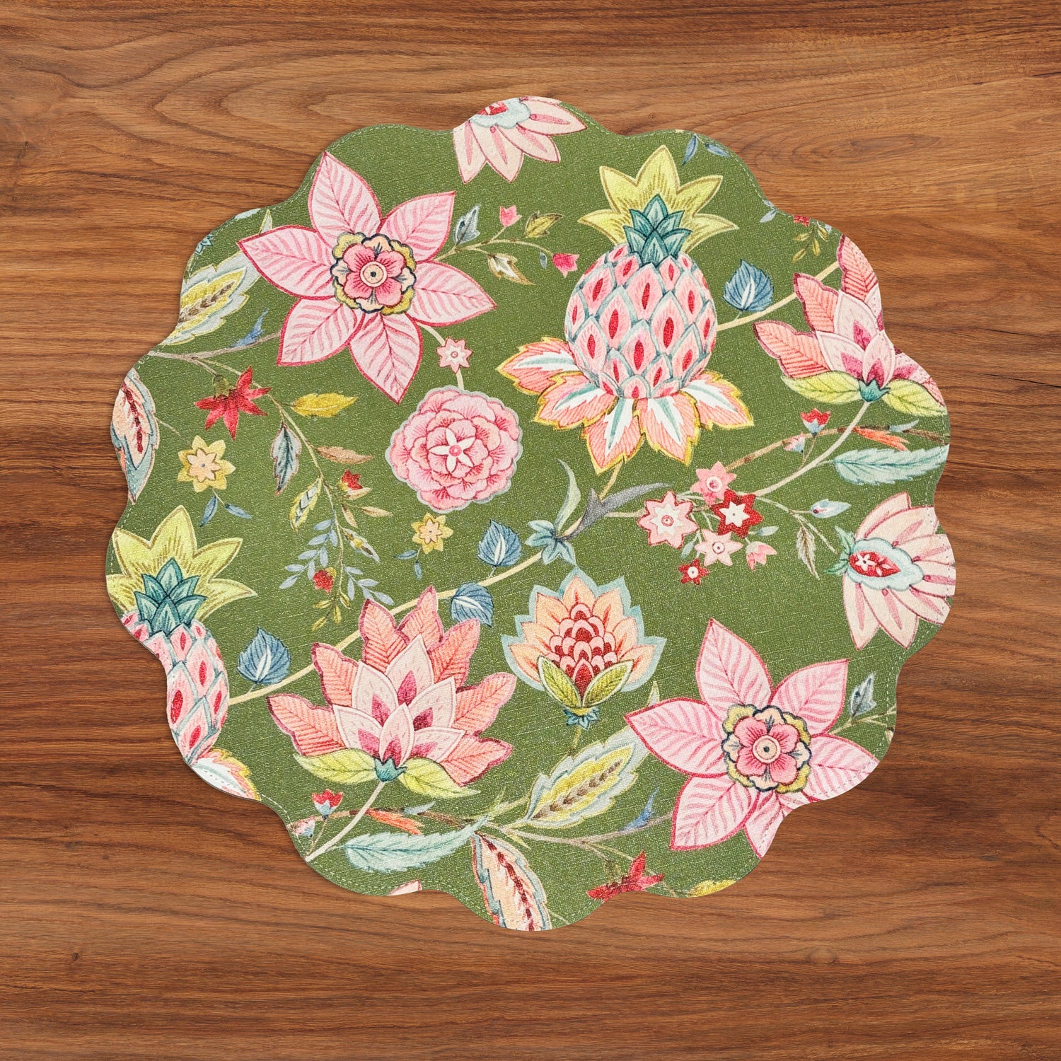 VIDA Tropical Floral and Preppy Plaid Reversible Round Placemats Set of 4 Pink &amp; Green