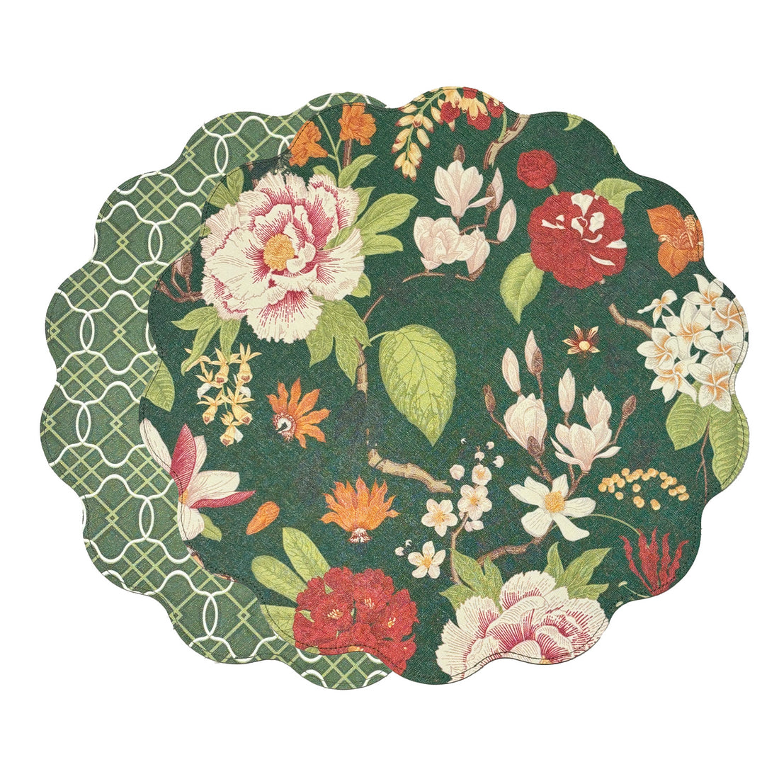 VIDA Cabbage Roses and Trellis Reversible Round Placemats Set of 4 Green &amp; Red