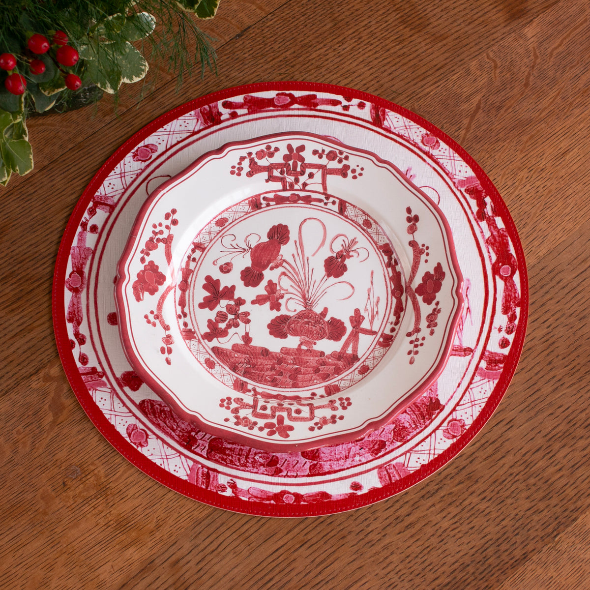VIDA Faenza and Leopard Reversible Round Placemats Set of 4 White &amp; Red