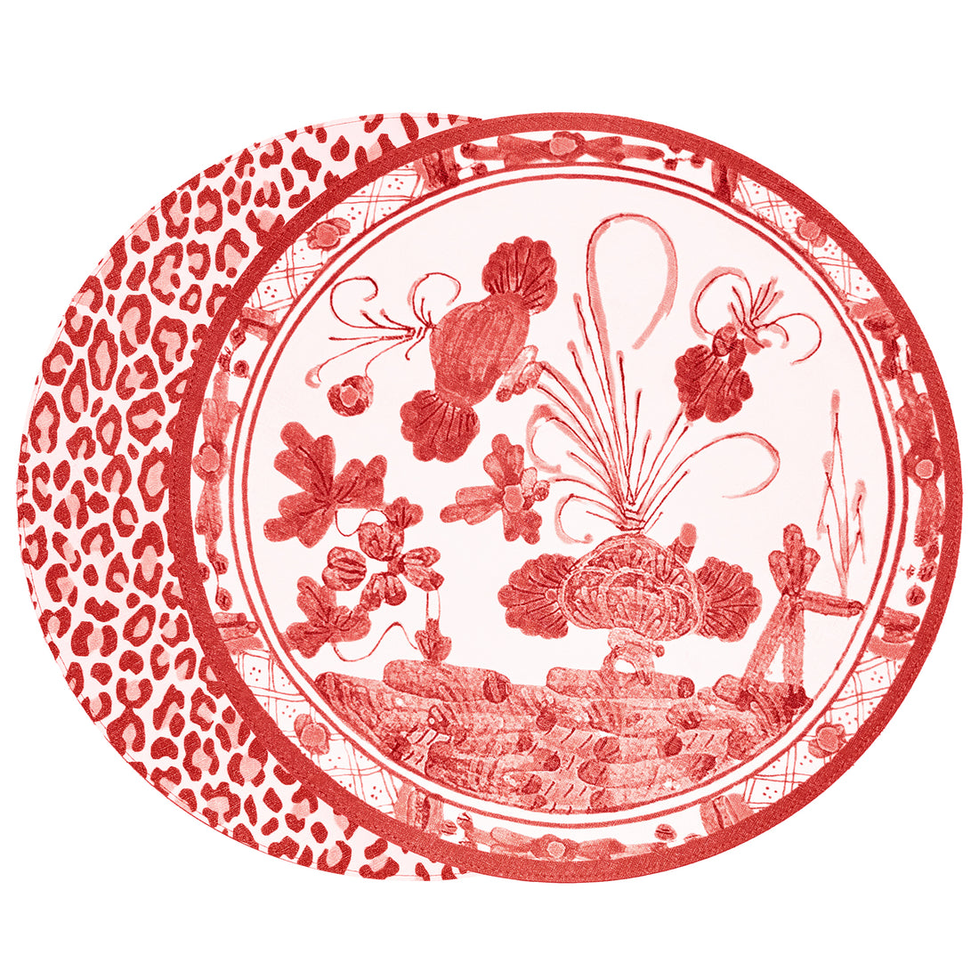 VIDA Faenza and Cheetah Reversible Round Placemats Set of 4 White &amp; Red
