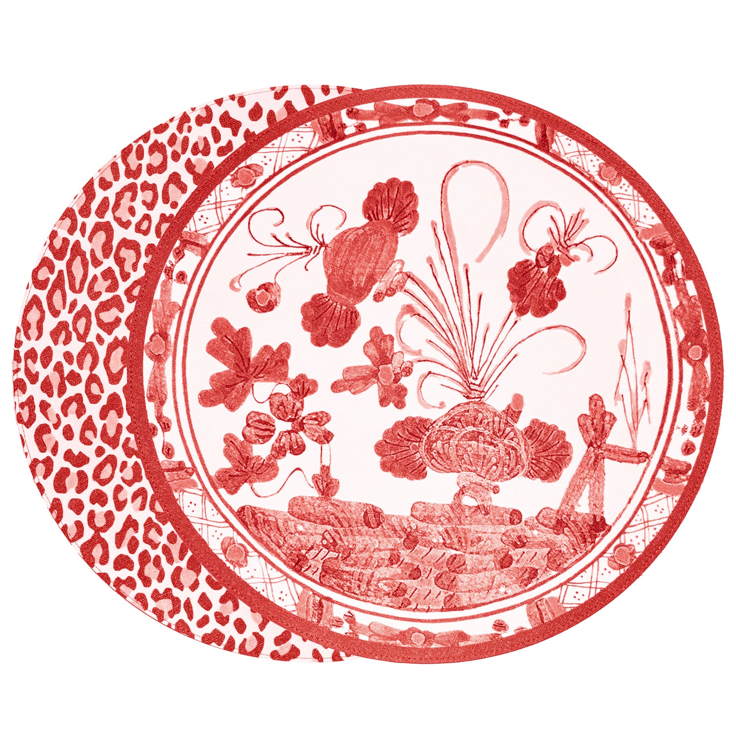 VIDA Faenza and Cheetah Reversible Round Placemats Set of 4 White &amp; Red