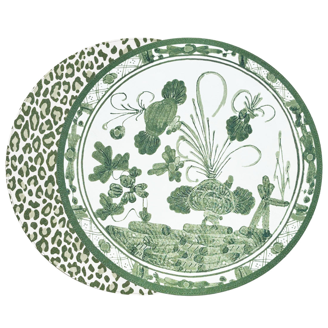 VIDA Faenza and Cheetah Reversible Round Placemats Set of 4 White &amp; Green