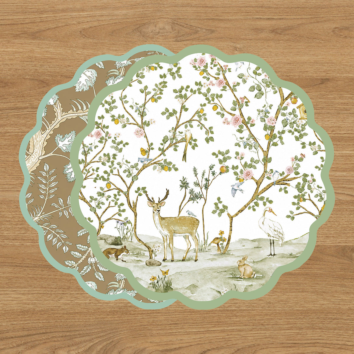 VIDA Forest Animals and Branches Reversible Placemats Set of 4 (Green &amp; Brown)
