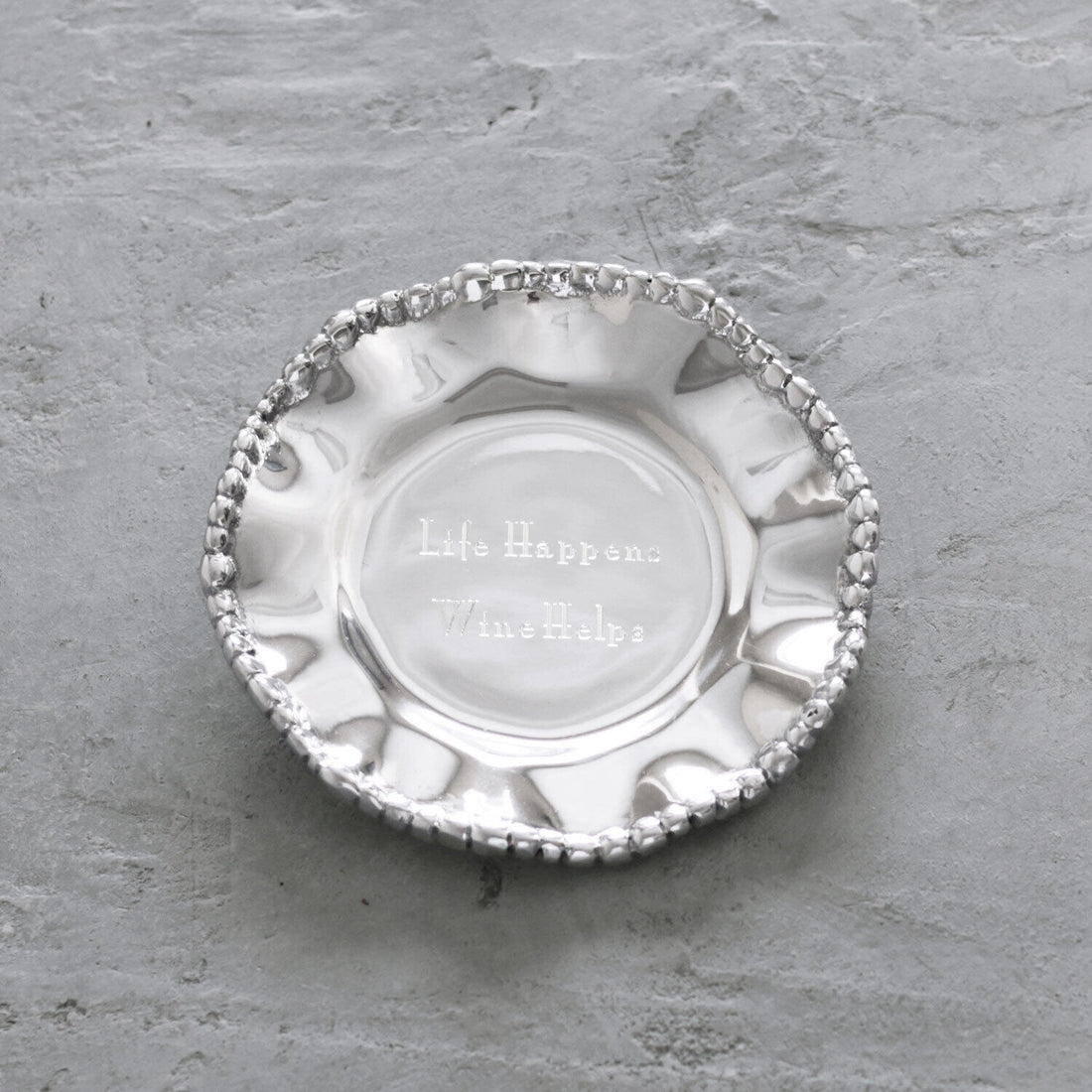 GIFTABLES Organic Pearl Round Wine Plate - Life Happens, Wine Helps