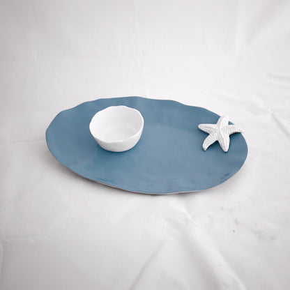 THANNI Oval Starfish Platter with Dip Bowl (Blue and White)
