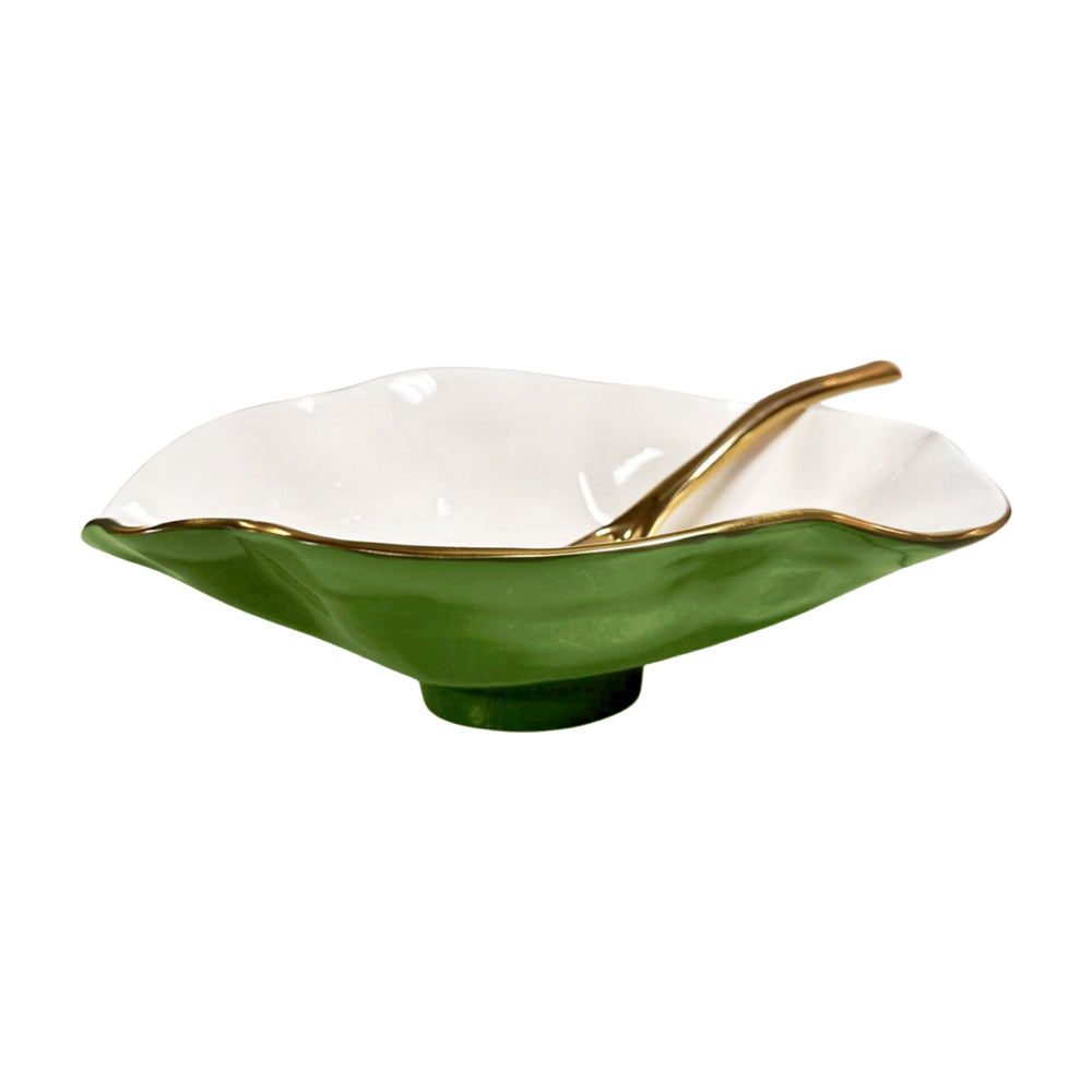 beatriz-ball-encanto-claire-small-oval-bowl-with-spoon-leaf-green-white-and-gold