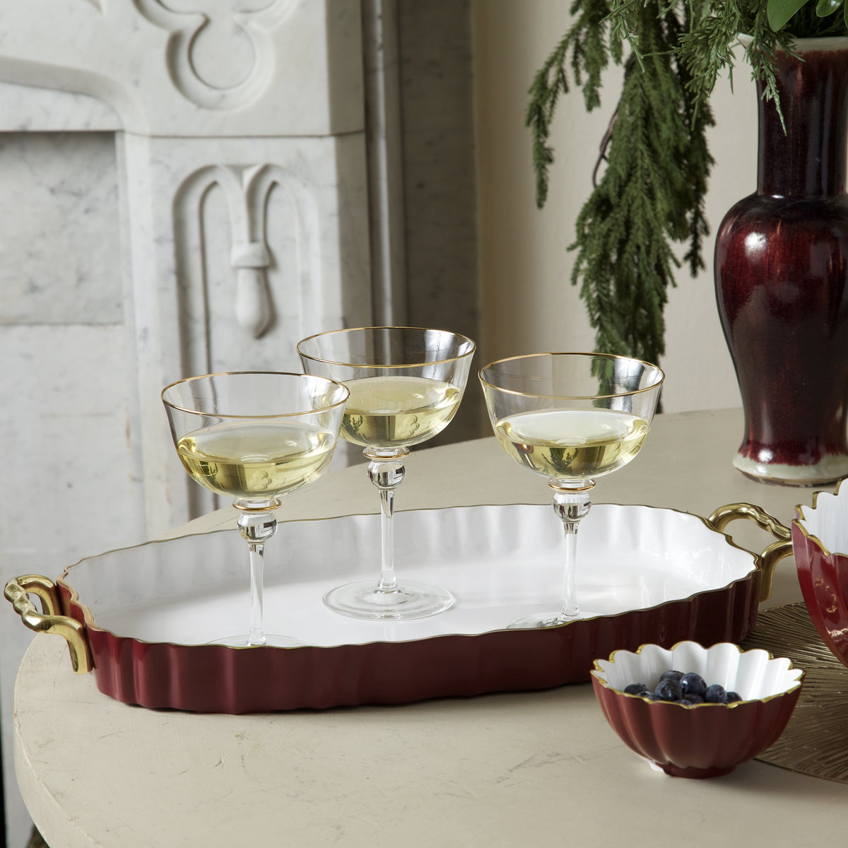 ENCANTO Vintage Fluted Oval Tray with Handles (Bordeaux and White)