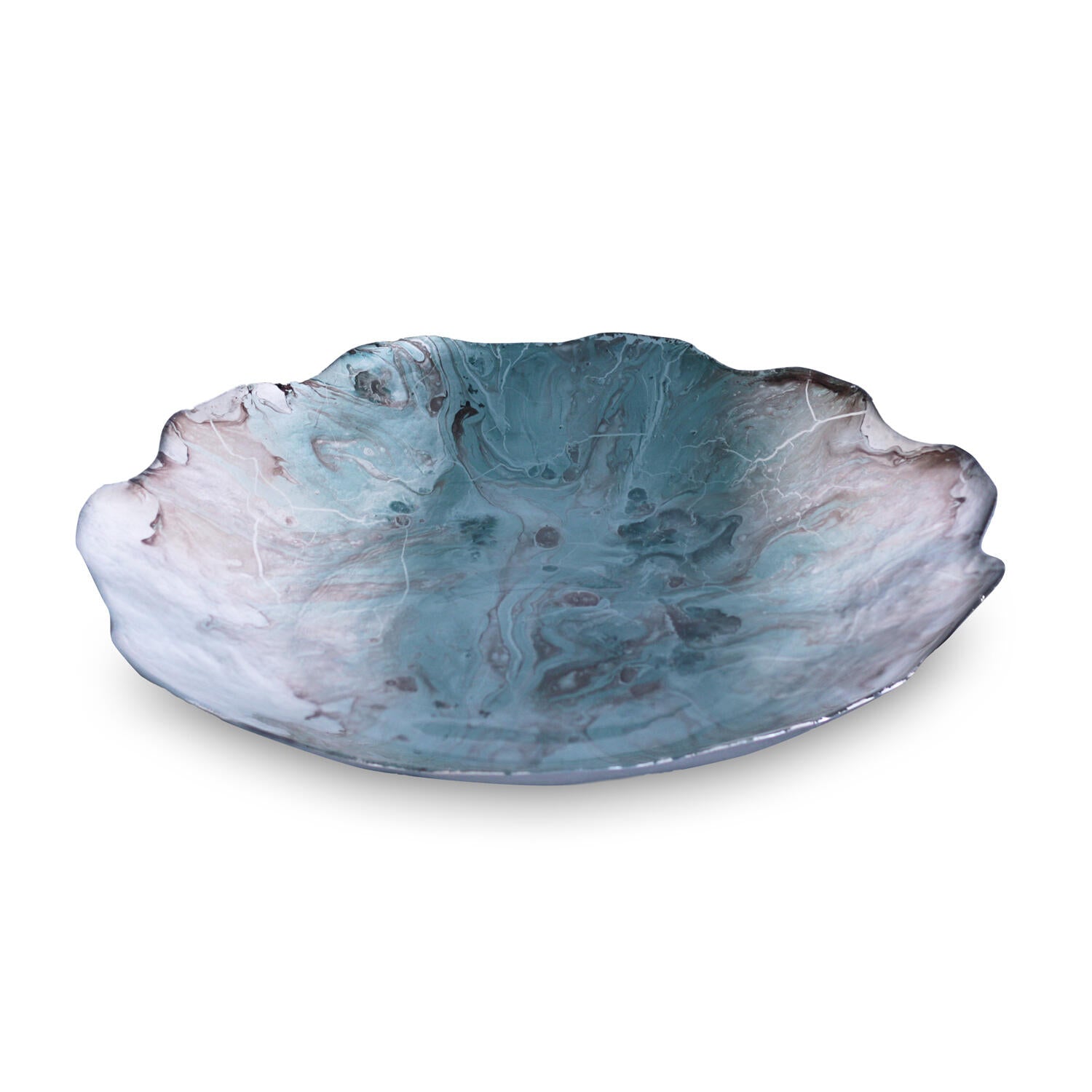 GLASS New Orleans Foil Leafing Centerpiece with Scalloped Edges (Light Teal &amp; Silver)